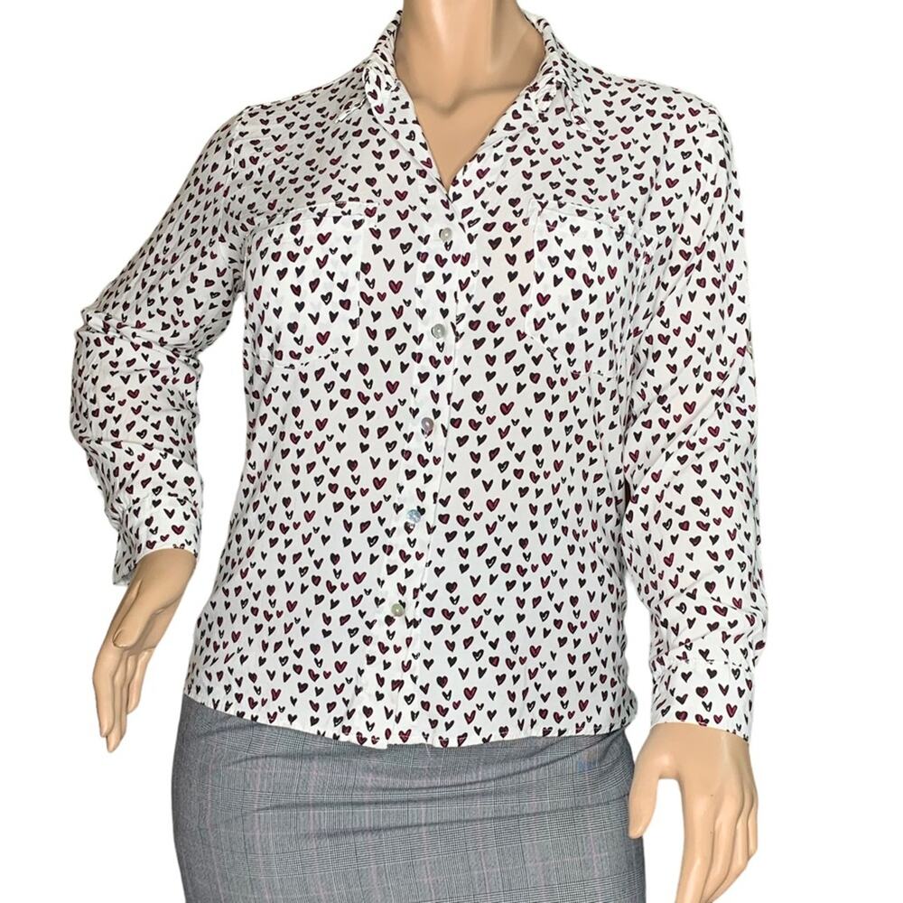 Just Living Blouse Heart Patern Print Long Sleeve Buttons Down Size XL